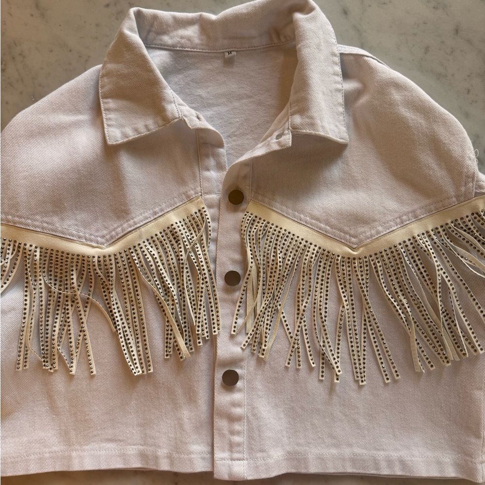 White Cropped Fringe Sparkle Denim Jacket Size M